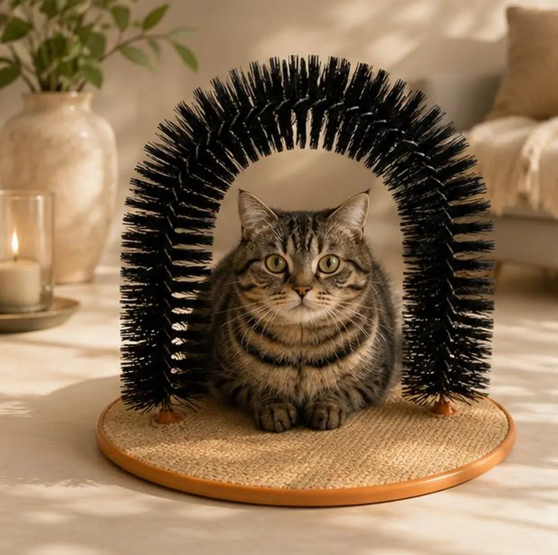 Arco Autolimpiante con Base de Rascado para Masaje y Eliminación de Pelo de Gatos Cepillado