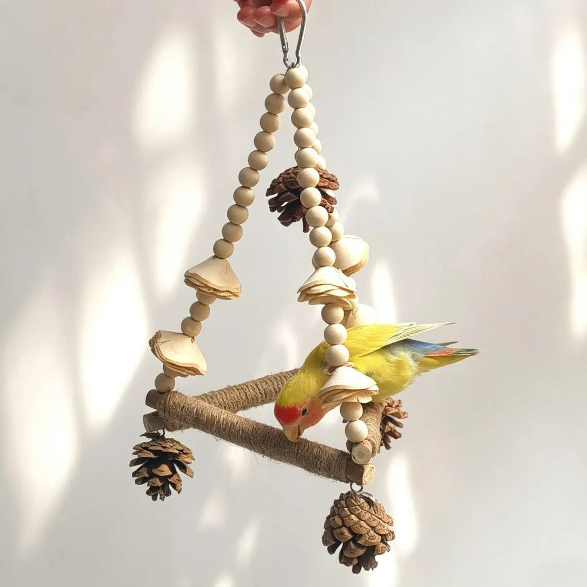 Columpio Triangular Suspendido con Elementos Masticables, Zona de Juego y Posado para Aves Pequeñas en Jaulas