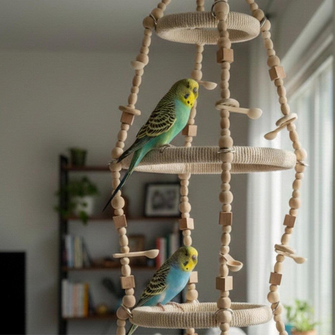Gimnasio Colgante Multinivel con Plataformas y Elementos para Trepar para Aves Pequeñas en Jaulas