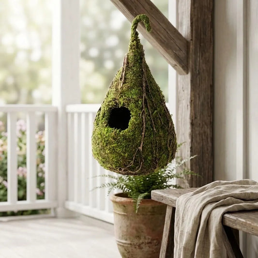 Casa Colgante en Forma de Gota con Revestimiento Vegetal Refugio Decorativo para Aves Pequeñas en Jardines y Hogares