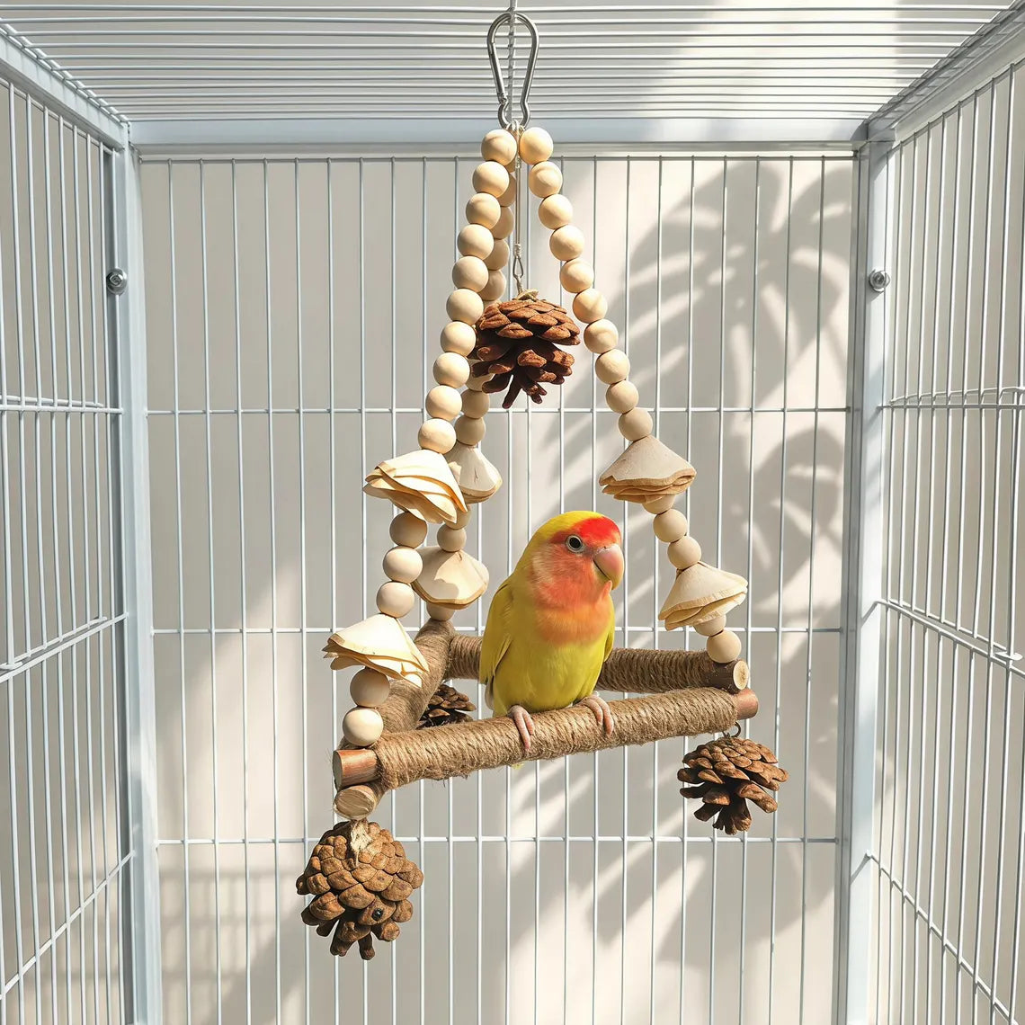 Columpio Triangular Suspendido con Elementos Masticables, Zona de Juego y Posado para Aves Pequeñas en Jaulas